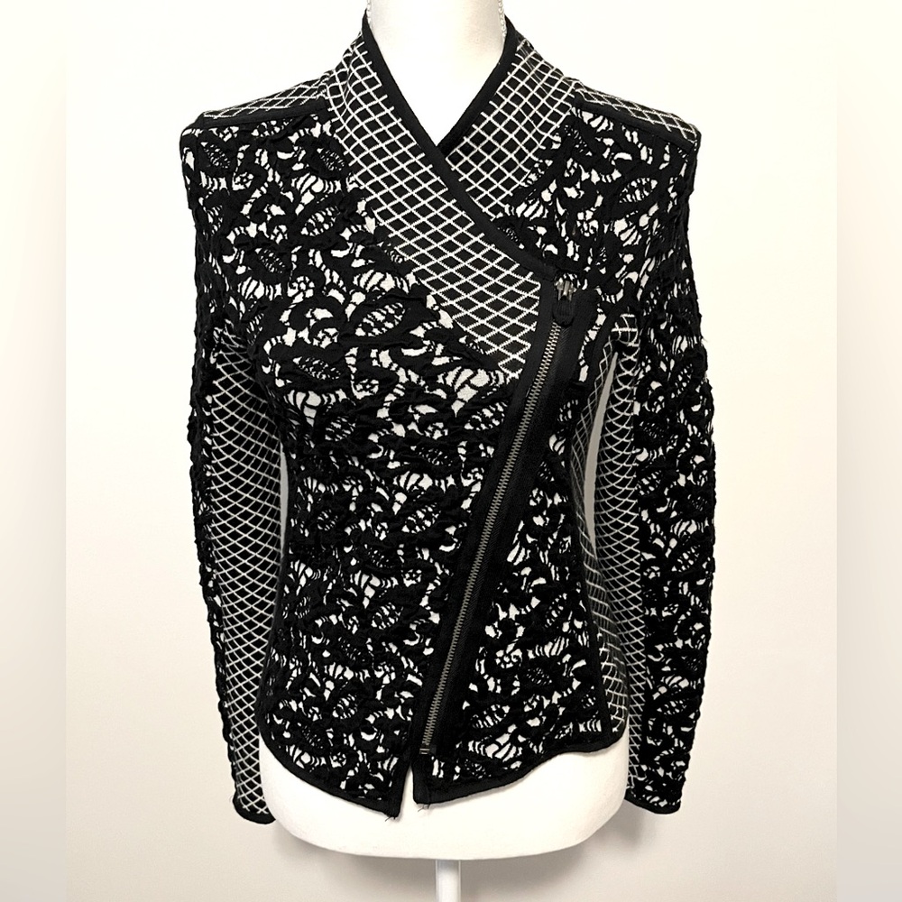 Anthropologie Moth Moto Zip Sweater Jacket in Black and White Size XSmall